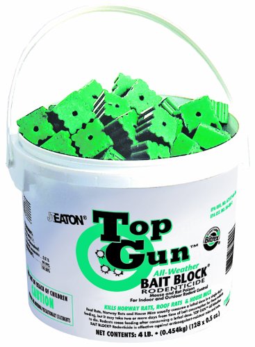 JT Eaton 750 Top Gun All Weather Rodenticide Bait Block Bromethalin Neurological Bait with Stop-Feed Action and Bitrex, For Mice and Rats (Pail of 128)