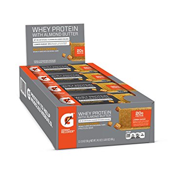 Gatorade Whey Protein With Almond Butter Bars, Salted Caramel,  2.0 ounce bars (Pack of 12), 20g of protein per bar