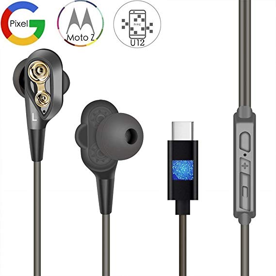 USB Type C Earphone, Monoy USB C Dual Driver Bass Sound Earbud Headphone Headset Wired In-Ear Noise Cancelling for Google Pixel 2 XL,HTC U12,HTC U11,HTC U Ultra,Essential PH-1,Moto Z3 (USB C Earbuds)