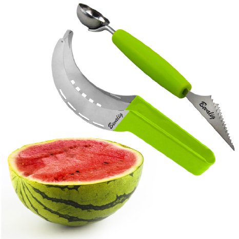 Watermelon Slicer Server Slice Right with Melon Baller and Fruit Carving Knife (2 in 1) - Premium Stainless Steel Fruit Tools Kitchen Gadgets - Easy to use - Smooth and Easy cut