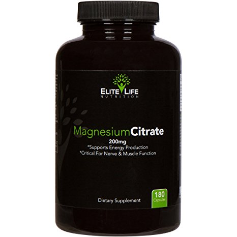 Magnesium Citrate 200mg - Pure, High-Potency, Bioavailable, and Natural Magnesium - Optimum For Stress and Anxiety Relief, Sleep, Relaxation, Constipation, and Brain Support Now - 180 Capsules