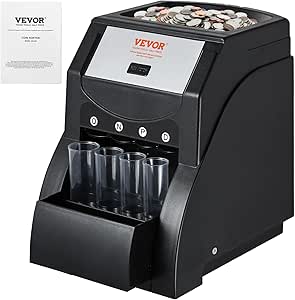 VEVOR USD Coin Sorter, Coin Sorter Machine for USD Coin 1￠ 5￠ 10￠ 25￠, Sorts up to 230 Coins/min, Coin Sorter and Wrapper Machine Holds 200 Coins Included 4 Coin Tubes, Black