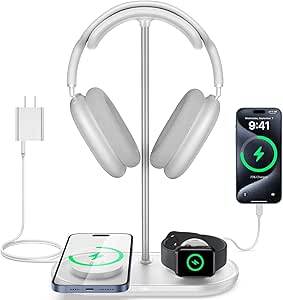 TopMade Headphone Stand for Desk, 3-in-1 Universal Headphone Holder with Wireless Charger & USB Charging Ports, Desktop Headset Stand for Airpods Max, Beats, Bose, Sony, Razer and More, White