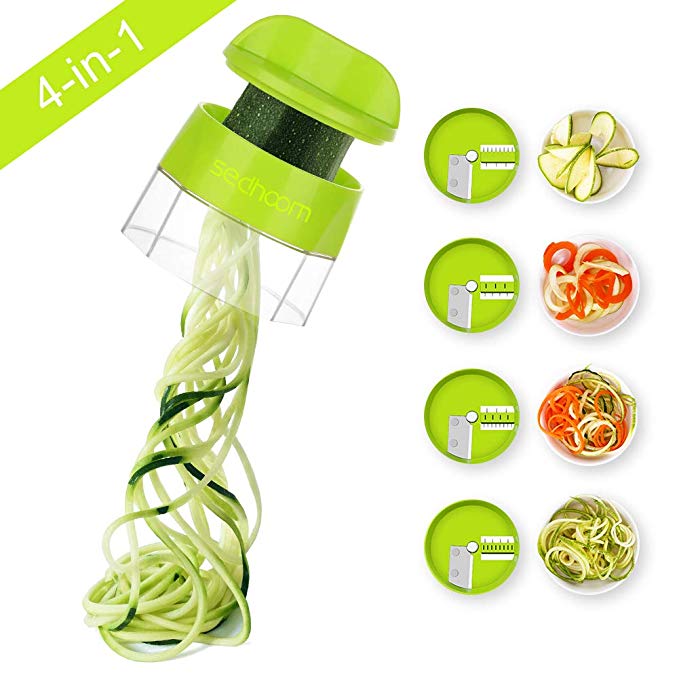 4 in 1 Spiralizer Hand Held Sedhoom Vegetable Spiralizer Handheld Upgrade Spiral Slicer Zucchini Noodle & Veggie Pasta & Spaghetti Maker for Low Carb/Paleo/Gluten-Free Meals