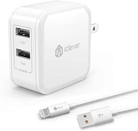 iClever 24W Dual USB Wall Charger with SmartID Technology   3ft MFI Certified Lightning to USB Cable for iPhone SE 2020 XS/XS Max/XR/X/8/7/6/6S/Plus/SE, iPad Air 2/Pro/Mini 3 and More