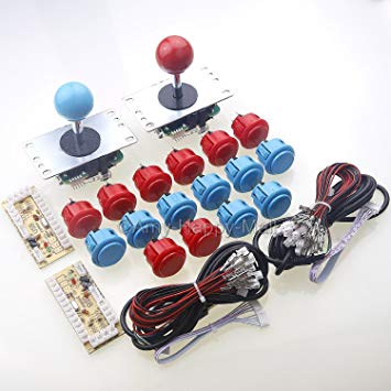 Sanwa 2 Player Orignal Arcade Game DIY Bundle - USB Encoder   16 x 30mm Push Buttons   4/8 Way Joystick for Jamma MAME Cabinet & Raspberry Pi RetroPie DIY Projects - Red   Blue Color