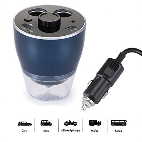 Car Cup Charger Sunsbell Bluetooth FM Transmitter Radio Adapter Car Kit Emergency Hammer 2 Cigarette Lighter Socket, 2 USB Ports, Car Charger MP3 Player Support TF Card USB Flash (Black   Car Hammer)