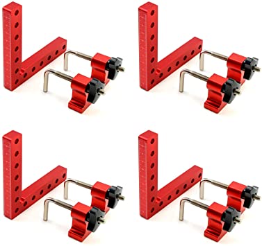 QWORK 4Pcs 90 Degree Positioning Squares Right Angle Clamps Fixing Clamp, 5.5"×5.5"(14×14cm), Aluminum Alloy Woodworking Carpenter Tool for Box Cabinets Drawers Picture Flame