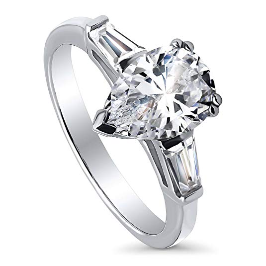 BERRICLE Rhodium Plated Sterling Silver Pear Cut Cubic Zirconia CZ 3-Stone Anniversary Promise Engagement Ring 2.3 CTW