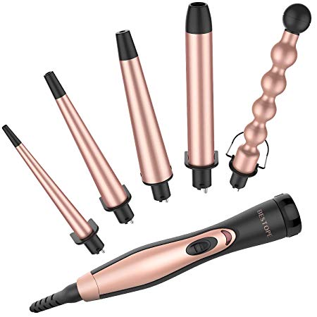 BESTOPE Hair Curler, Pro 5-In-1 Curling Iron and Curling Wand Set Hair Waver With 5 Interchangeable Ceramic Tourmaline Barrels& Heat Resistant Glove, Dual Voltage, Cool Tips for All Curls& Waves (Rose Gold)