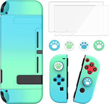 MoKo Dockable Case Compatible with Nintendo Switch,Protective Cover Compatible with Switch Console and Joy-Con Controller,4 Thumb Grip Caps & 2 HD-Clear Tempered Glass Screen Protectors, Blue   Green