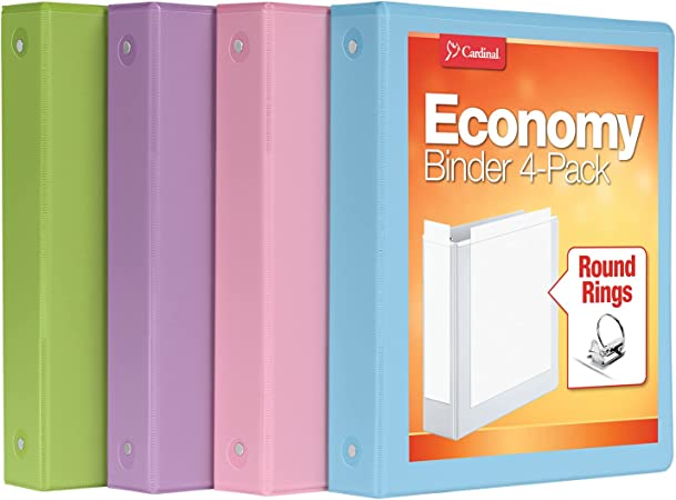 Oxford Cardinal 3 Ring Binders, 1.5 Inch, Round Rings, Holds 350 Sheets, ClearVue Presentation View, Non-Stick, Assorted Pastel Colors, 4 Pack (79552)