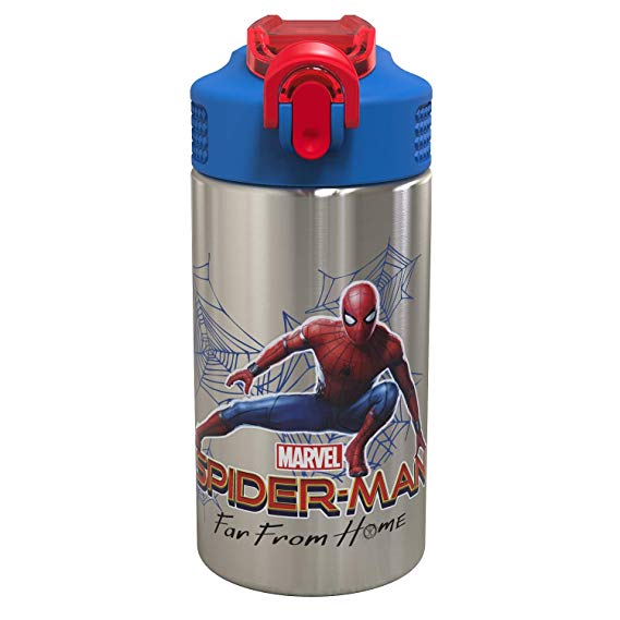 Zak Designs Marvel Comics Spiderman Homecoming 2 - Stainless Steel Water Bottle with One Hand Action Lid and Built-in Carrying Loop, Water Bottle with Straw is Perfect for Kids(15.5 oz,18/8, BPA Free)