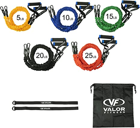 Valor Fitness Resistance Cords - Heavy Resistance Bands with Handles and Anti-Snap Protective Nylon Tube Bands Sleeves, Stackable Heavy Duty Resistance Tube Set with Wall, Rack and Door Anchor System
