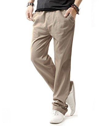 Donhobo Men's Casual Linen Trousers Lightweight Elasticated Waist Pants With Pockets