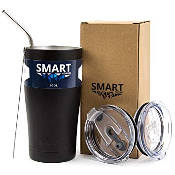 Tumbler 20 oz Black - Smart Coolers - Ultra-Tough Double Wall Stainless Steel Premium Insulated Travel Cup - Keep Coffee and Ice Tea   2 Lids   Straw   Gift Box, Black
