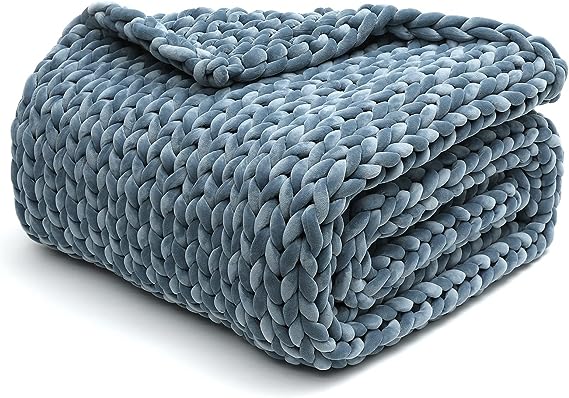 YnM Velvet Weighted Blanket, Handmade Chunky Knitted Design, Soft and Cozy, Temperature Regulating and Breathable, Machine Washable Throw for Sleep or Home Decor (Blue, 60x80 Inch, 15lbs)