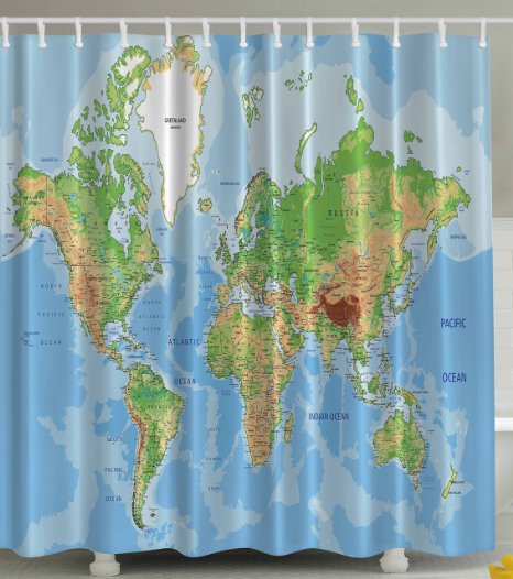 World Map Print Educational Geographical Earth in My Bathroom Direction Ability Ocean Journeys Voyager Novelty Home Decor High Quality Fabric Shower Curtain, Blue Green Khaki Brown White