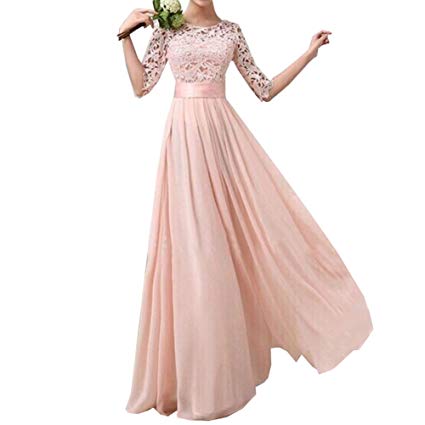 Kalin L Women Crochet Half Sleeve Lace Top Chiffon Wedding Bridesmaid Gown Prom Dress Pink