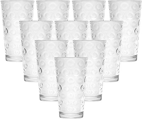 Circleware Circles Huge Set of 10 Tall Heavy Base Highball Drinking Glasses, 17 oz, Lead-Free Glass Tumbler Drink Cups for Water, Beer, All Beverage