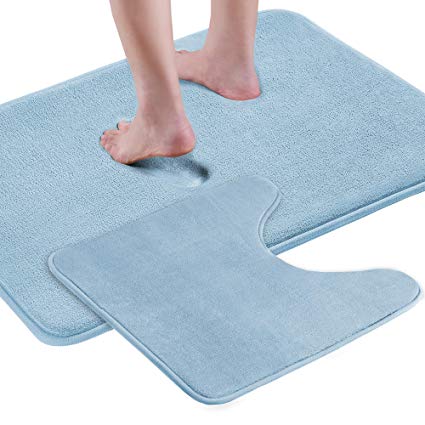 Turquoize Flannel Bathroom Rugs/Carpets Machine-Washable and Fast Dry Rugs for Bath/Tub/Shower Non Slip Absorbent Toilet Floor Rugs(Solid Sky Blue, Size: W20 x L32& W20 x L20 Inches)