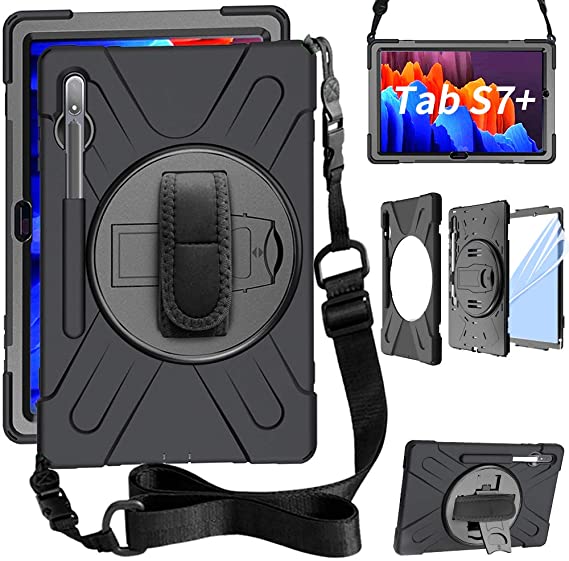 ZenRich Galaxy Tab S7 Plus Case 2020, SM-T970/T975/T976 Case 12.4 inch with S Pen Holder zenrich Heavy Duty Case with Screen Protector Stand Hand Strap Shoulder Belt for Tab S7  12.4 Inch-Black