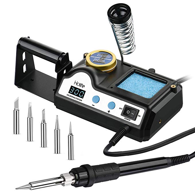 Soldering Iron Station Kit, PICTEK Soldering Station 60W with Variable Temperature from 90 ° C to 480 ° C [194 ° F - 896 ° F], Three-pin Plug Powered Digital Solder Station with 5pcs Extra Iron Tips, ℃/℉ Switch, Sleep Function, Digital Calibration, Holder and Cleaning Element