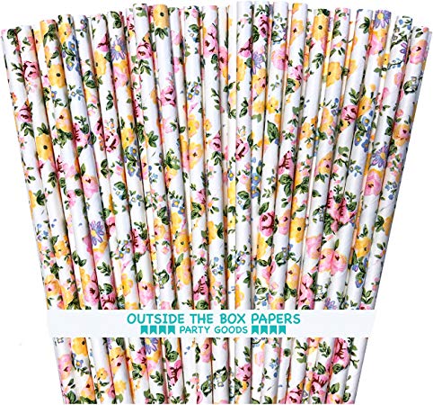 Rose Floral Paper Straws - Pink Yellow White - 7.75 Inches - 100 Pack - Outside the Box Papers Brand