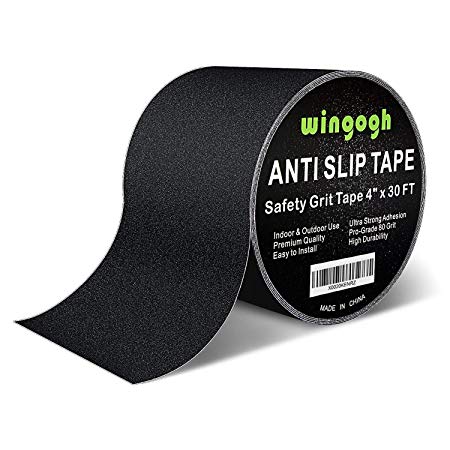 Wingogh Anti Slip Tape - 4 Inch x 30 Foot Grip Tape Non Slip Traction Friction Tape, Weatherproof Indoor Outdoor Non Skid Pad Safety Walk Track Tread, Black Grit Abrasive Adhesive for Stairs Step