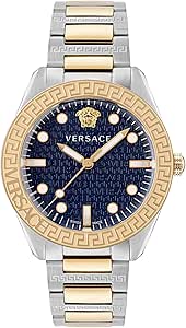 Versace Greca Dome Collection Luxury Mens Watch Timepiece with a Gold/Silver Bracelet Featuring a Two Tone Case and Blue Dial