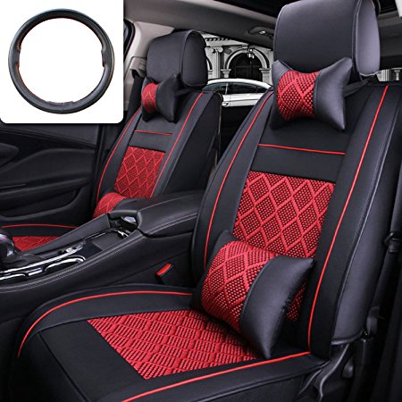 FLY5D 10Pcs PU Leather Ice Silk Auto Car Seat Covers Automotive Seat Covers for Universal 5 Seat Car Four Season