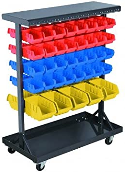 Mobile Double-Sided Floor Rack 36 x 12 x 45 with 74 Bins and Non-Marking Swivel Casters