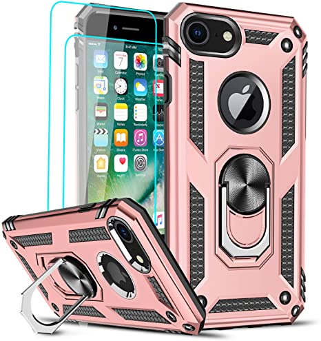 LeYi Compatible for iPhone 8 Case, iPhone 7 Case, iPhone 6s/ 6 Case with [2 Pack] Tempered Glass Screen Protector for Women,Military-Grade Phone Case with Ring Kickstand for iPhone 6/6s/7/8, Rose Gold