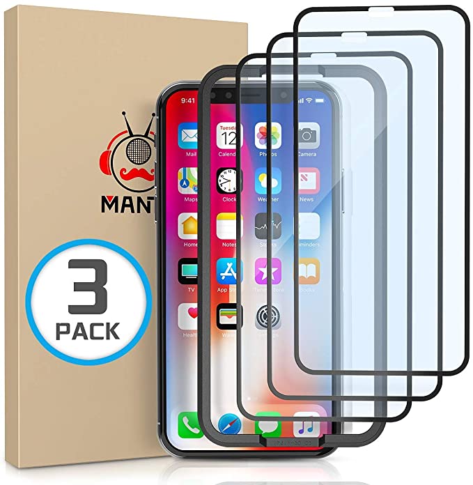 MANTO 3-Pack Screen Protector for iPhone 11 Pro and iPhone Xs X 5.8 Inch Full Coverage Tempered Glass Film Edge to Edge Protection, Black