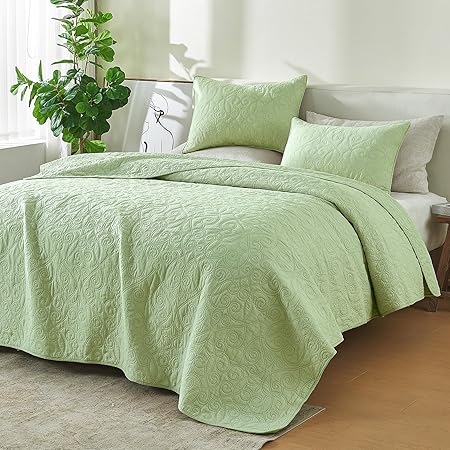 100% Cotton Stitched Full/Queen Quilt Set with Shams, Green Vintage Decor Bedding Set, All-Season, Ultra-Soft Lightweight Bedspreads. (Full/Queen, Green - Scroll)