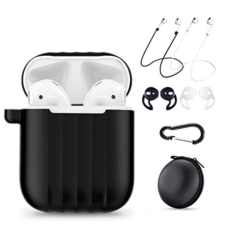 AirPods Case 7 in 1，Airpods Case Cover and Airpods Silicone Case Compatible with Apple Airpods Case/Airpods Black Skin/Ear Grips for Airpods/Tips/Grips by Ainope (Black)