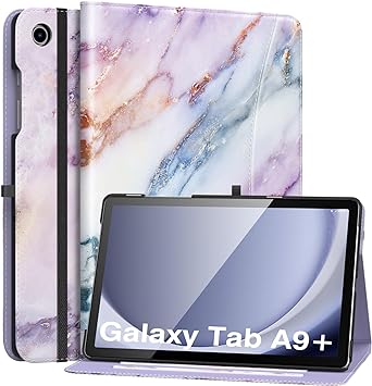 MoKo Case for Samsung Galaxy Tab A9 Plus 11" 2023 (SM-X210/SM-X216/SM-X218), PU Leather Multi-Angle Viewing Folding Stand Cover Case with Hand Strap, Front Pocket, Auto Wake/Sleep, Purple Marble