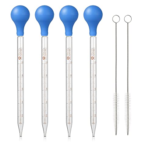 Hyber&Cara 4 Pcs 10ml Glass Pipette Dropper Graduated with Rubber Suction Bulb   2 Pcs Cleaning Brush