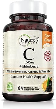 Nature's Potent Vitamin C 1000mg & Elderberry Immune Support Supplement - Vitamin C Supplements with Black Elderberry Extract - Vegetarian Immune Support Vitamins - (60 Tablets)