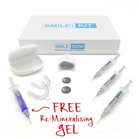 Teeth Whitening Kit Best Home Gel / Light System Plus FREE Remineralising Gel FREE DELIVERY & 100% Money Back Guarantee by SMILE:NOW® The Best Professional Teeth Whitener Home Kit With ZERO Hydrogen Peroxide For a White Healthy Smile- Our Kits Include 3x5ml Gel Syringes, 2 Gum Shields for Top & Bottom of Your mouth Plus a Gum Tray, Advanced UV Light Whitener - 14 Day Course is UK and EU Approved, Safe for Sensitive Teeth - Proven 30 Minute Treatment. No need for those dentist fees.