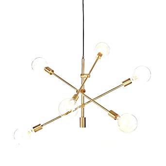 YOKA Pendant Light Polished Gold Contemporary Stem Hung Chandelier Fixture Modern Lamp 6 Lights Hanging Flush Mount (Gold)