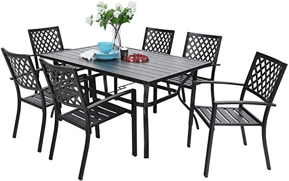 Sophia & William Metal Outdoor Patio Dining Sets 7 Piece with Umbrella Hole - 60" x 37.8" Rectangle Patio Table and 6 Backyard Garden Outdoor Chairs, Black