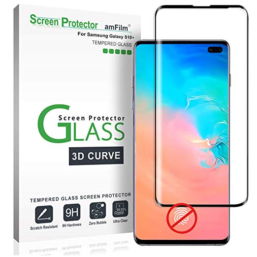 amFilm Glass Screen Protector for Galaxy S10 Plus, NOT Compatible with Fingerprint Scanner, Tempered Glass, Dot Matrix with Easy Installation Tray