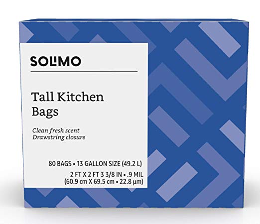Amazon Brand - Solimo Tall Kitchen Drawstring Trash Bags, Clean Fresh Scent, 13 Gallon, 80 Count
