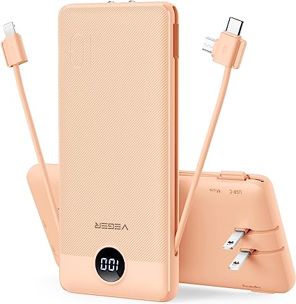 VEGER Portable Charger for iPhone Built in Cables Fast Charging USB C Slim 10000 Power Bank, Wall Plug USB Battery Pack for iPhones, iPad, Samsung More Phones Tablets (Pink)