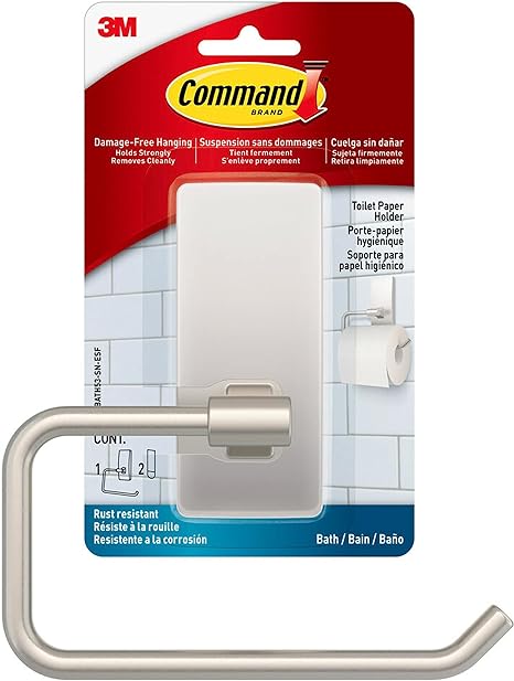 Command Toilet Paper Holder Satin Nickel with Water Resistant Command Strips, Rust Resistant Bathroom Organizer