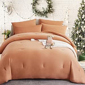 MorroMorn Comforter Set Queen Size, 4 Pieces All Season Bedding Comforters Sets, Soft Bed Set with 1 Down Alternative Duvet Insert 90×90 Inches, 2 Pillow Cases & 1 Fitted Sheet (Queen, Terracotta)