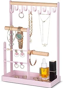 ProCase Jewelry Organizer Jewelry Stand Jewelry Holder Organizer, 4-Tier Necklace Organizer with Ring Tray, Small Cute Aesthetic Jewelry Tower Storage Rack Tree for Bracelets Earrings Rings -Pink