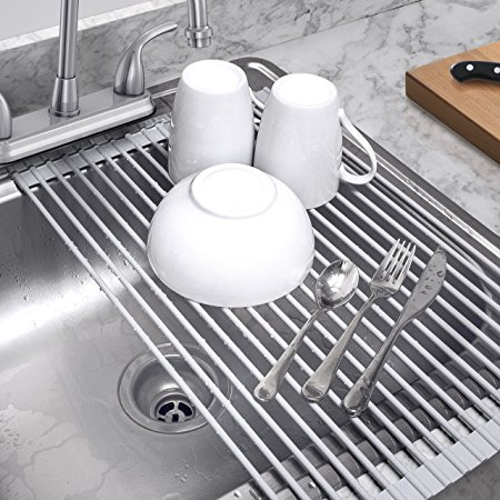 Sorbus Roll-Up Dish Drying Rack | Over the Sink Drying Mat,- Multipurpose Dish Drainer - Fruits And Vegtable Rinser - Durable Silicone Covered Stainless Steel Large 20-1/2"L x 12-3/4"W (Warm Gray)