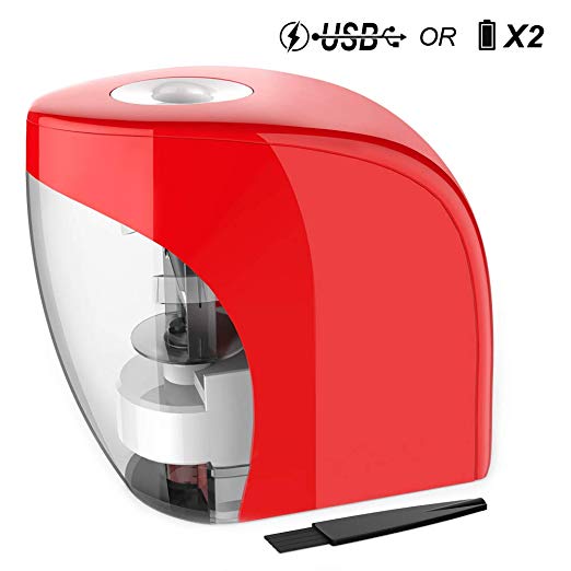 Link Dream Electric Pencil Sharpener Automatic Sharpener for No.2 Pencils and Colored Pencils (6-8mm) with Auto Stop Feature & Extra Cleaning Brush USB Battery 2 in 1 (Red)